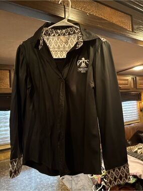 TBB Black Womens Button-Up Top with Patterned Trim